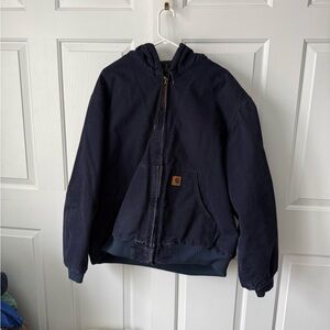 Vintage Carhartt Men's Dark Blue Hooded Bomber Jacket